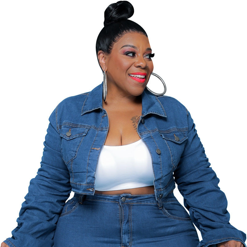 European And American Plus Size Women's Cowboy Two-piece Pleated Pile Pants