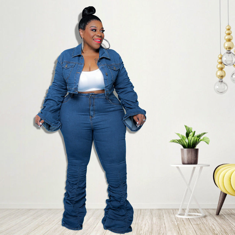 European And American Plus Size Women's Cowboy Two-piece Pleated Pile Pants