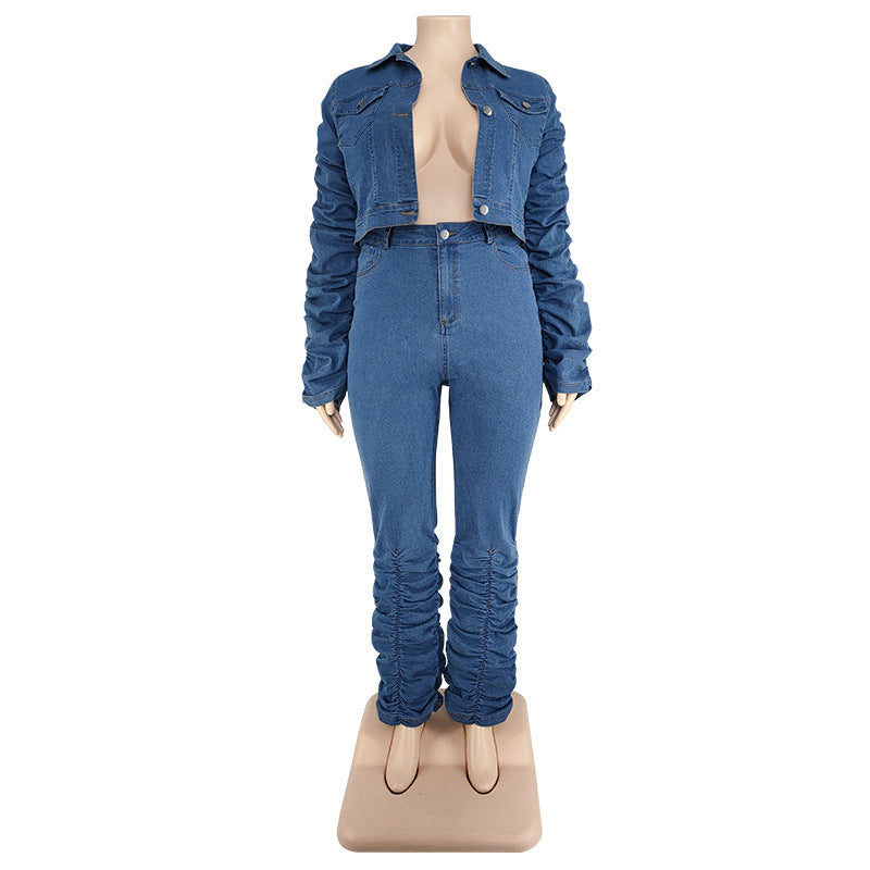 European And American Plus Size Women's Cowboy Two-piece Pleated Pile Pants