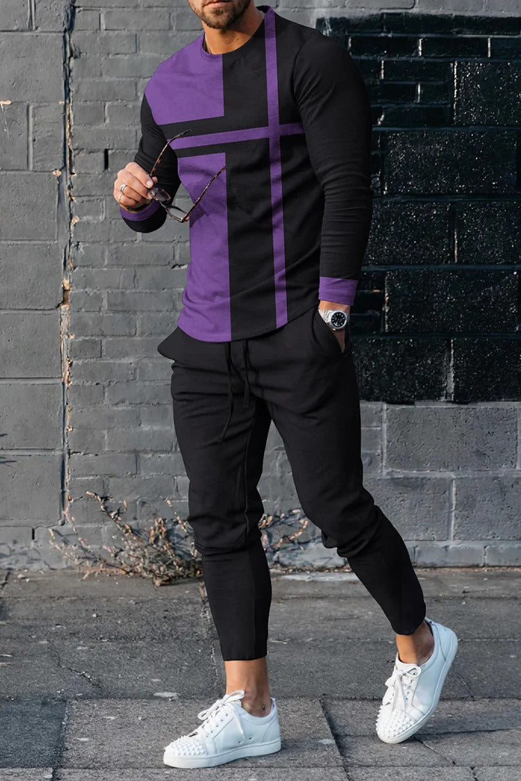Men's Pullover Striped Sweater Two Pieces Suit