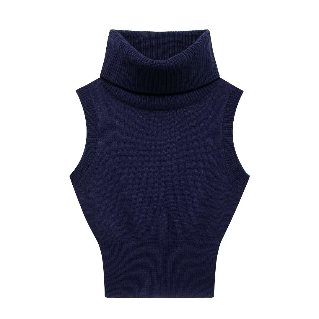High neck sleeveless slim fit short knitted vest