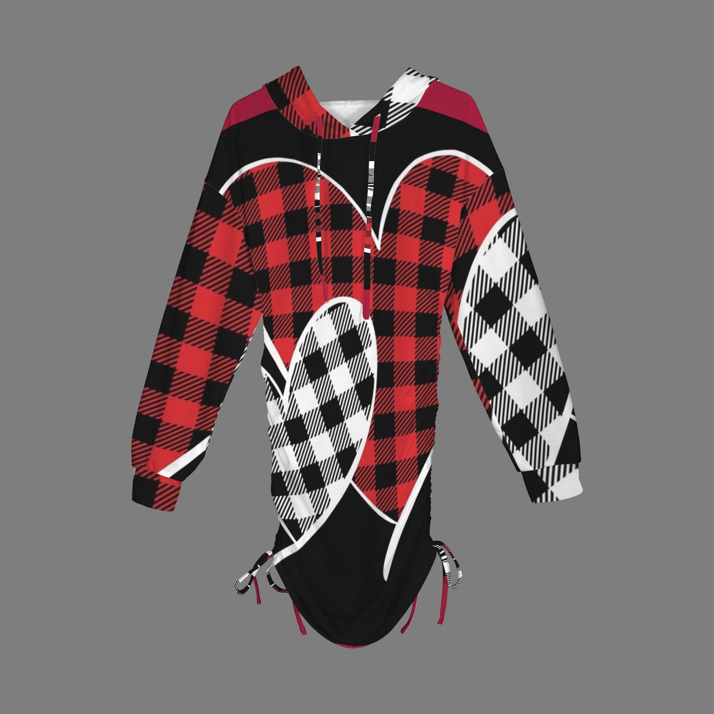 LCM23 Heart of Plaid Long Sleeve Hooded Drawstring Sweatshirt Dress