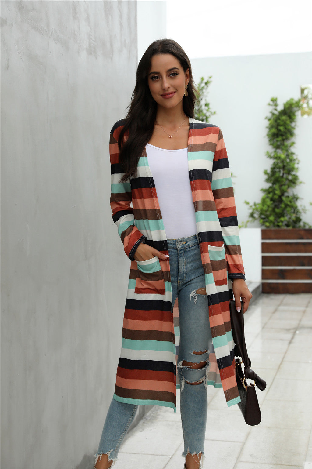 Striped Print Long-Sleeved Cardigan Jacket
