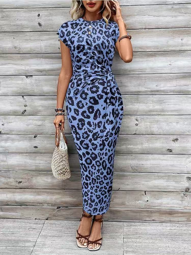 Waist Strap Striped Round Neck Short Sleeve And Long Pattern Dress