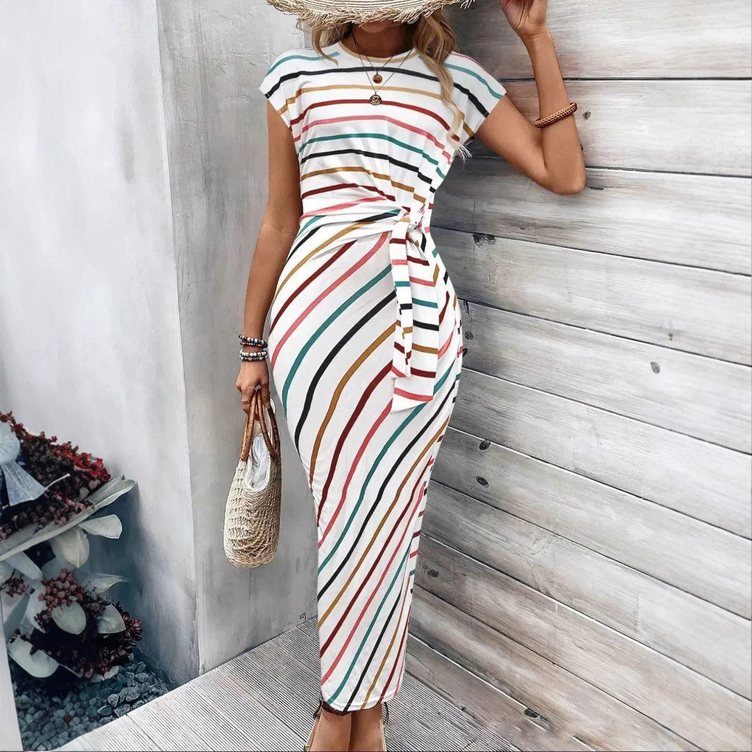 Waist Strap Striped Round Neck Short Sleeve And Long Pattern Dress