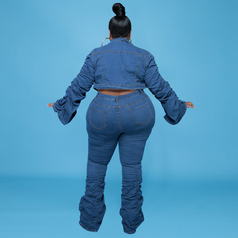 European And American Plus Size Women's Cowboy Two-piece Pleated Pile Pants