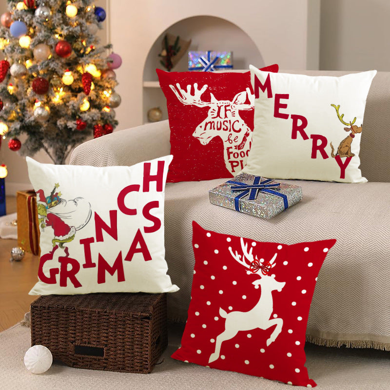 Christmas deer print pillow cover linen pillowcase