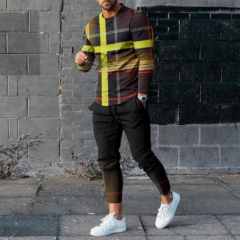 Men's Pullover Striped Sweater Two Pieces Suit