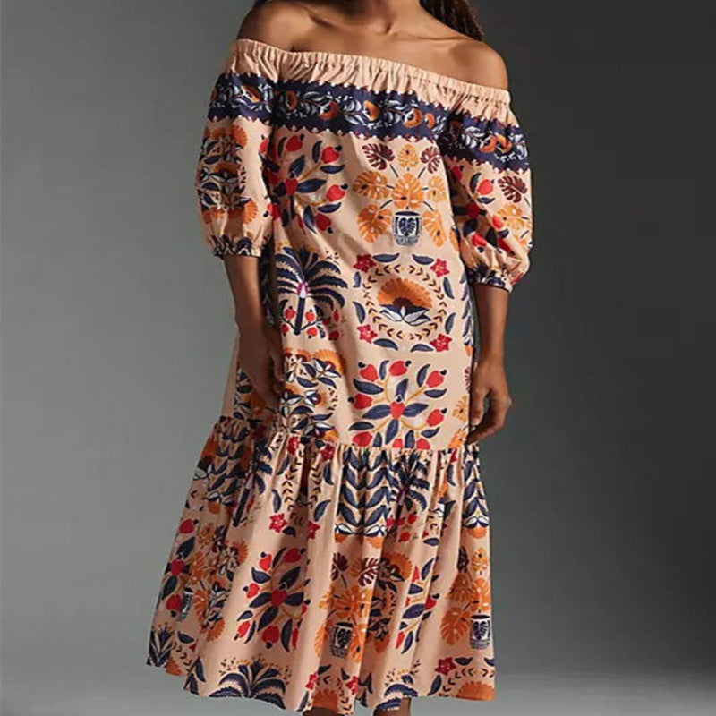 Women's Summer Vintage Printing Loose Pockets Dress