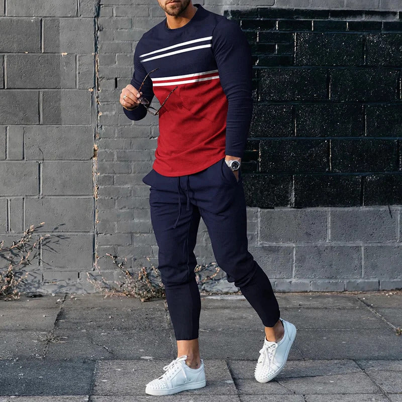 Men's Pullover Striped Sweater Two Pieces Suit