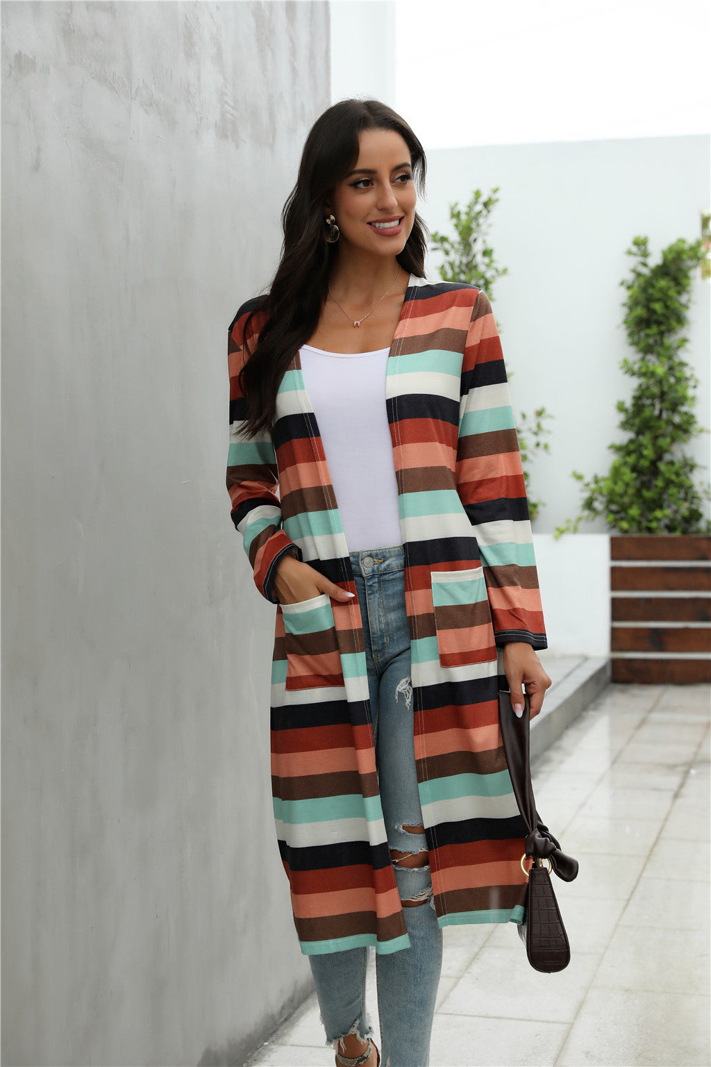Striped Print Long-Sleeved Cardigan Jacket