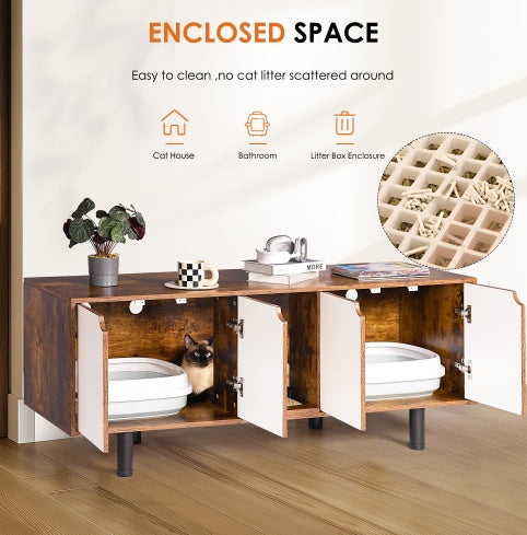 Indoor Cat House Cabinet TV Stand End Table, White Vintage Litter Box for 2