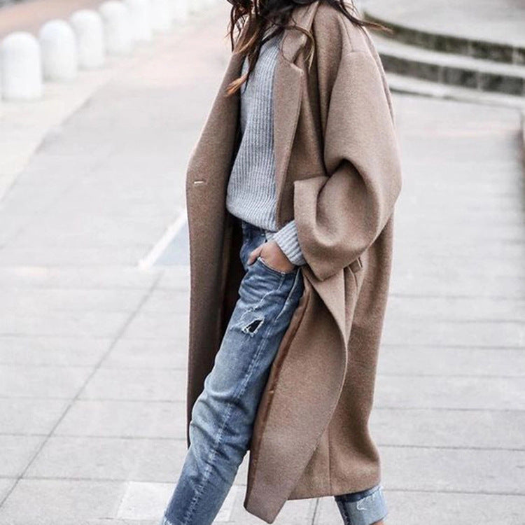 Casual Single Breasted Lapel Woolen Coat