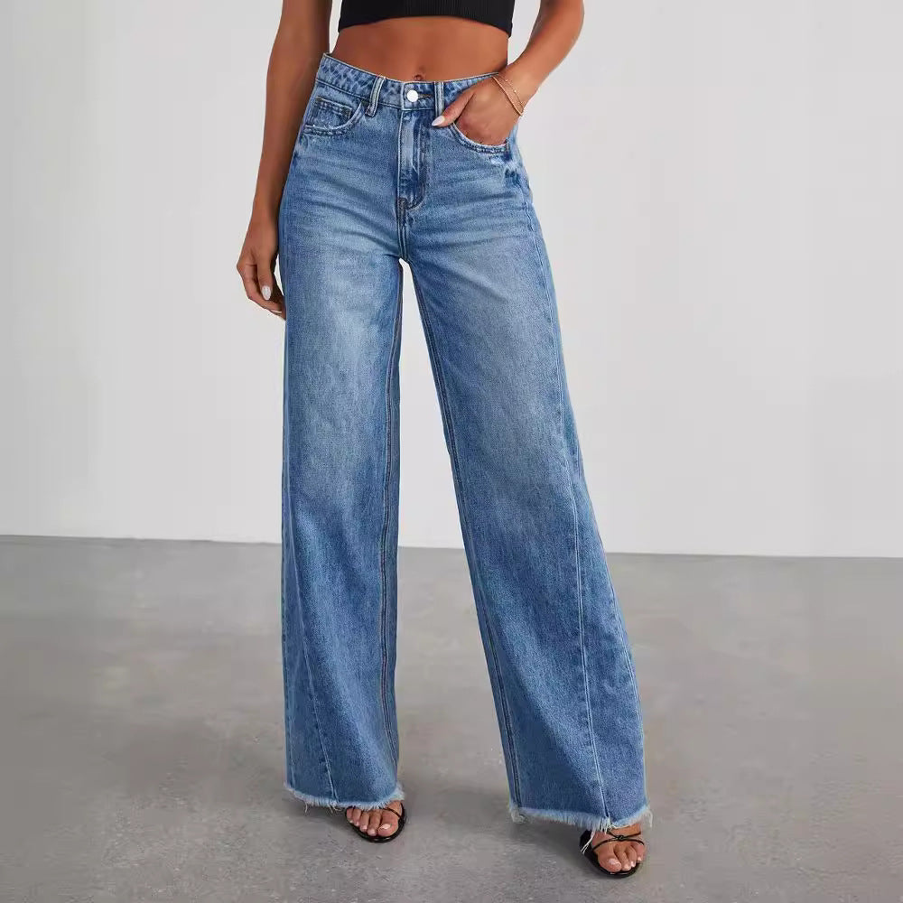 Loose wide leg side seam splicing, brushed hem denim jeans