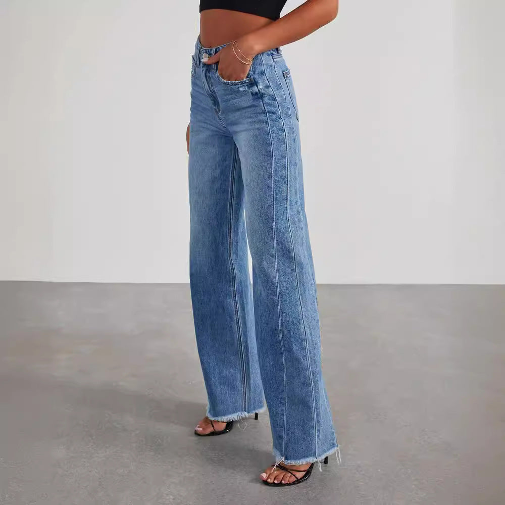 Loose wide leg side seam splicing, brushed hem denim jeans