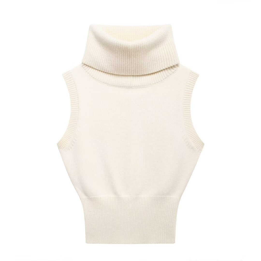 High neck sleeveless slim fit short knitted vest
