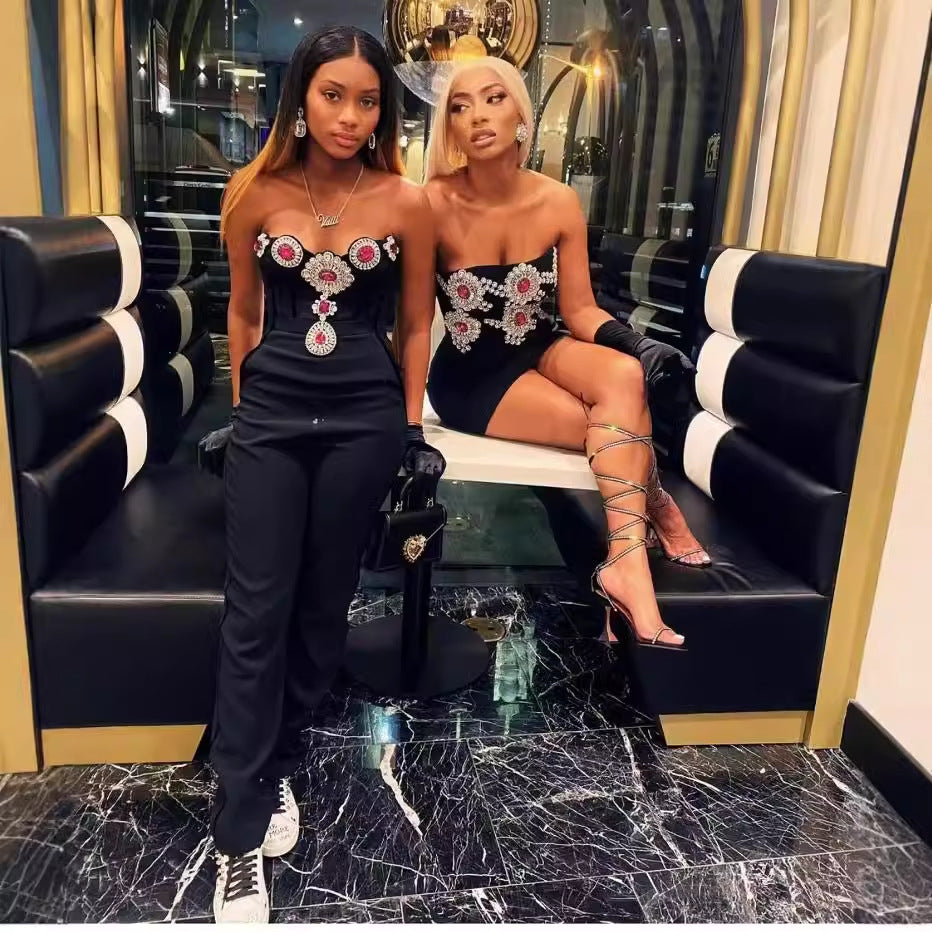 Exquisite sparkling diamond sexy low cut strapless jumpsuit