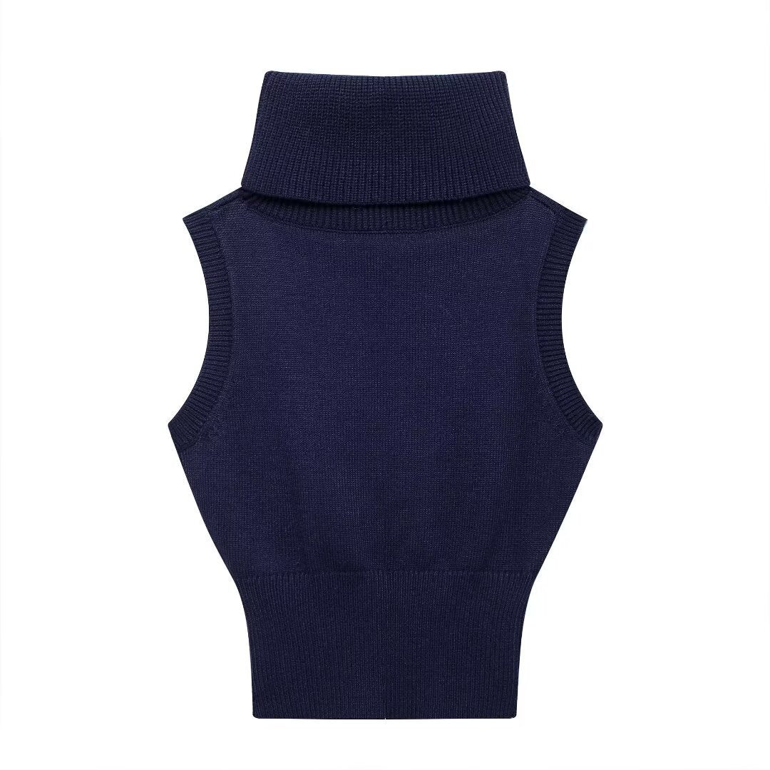 High neck sleeveless slim fit short knitted vest