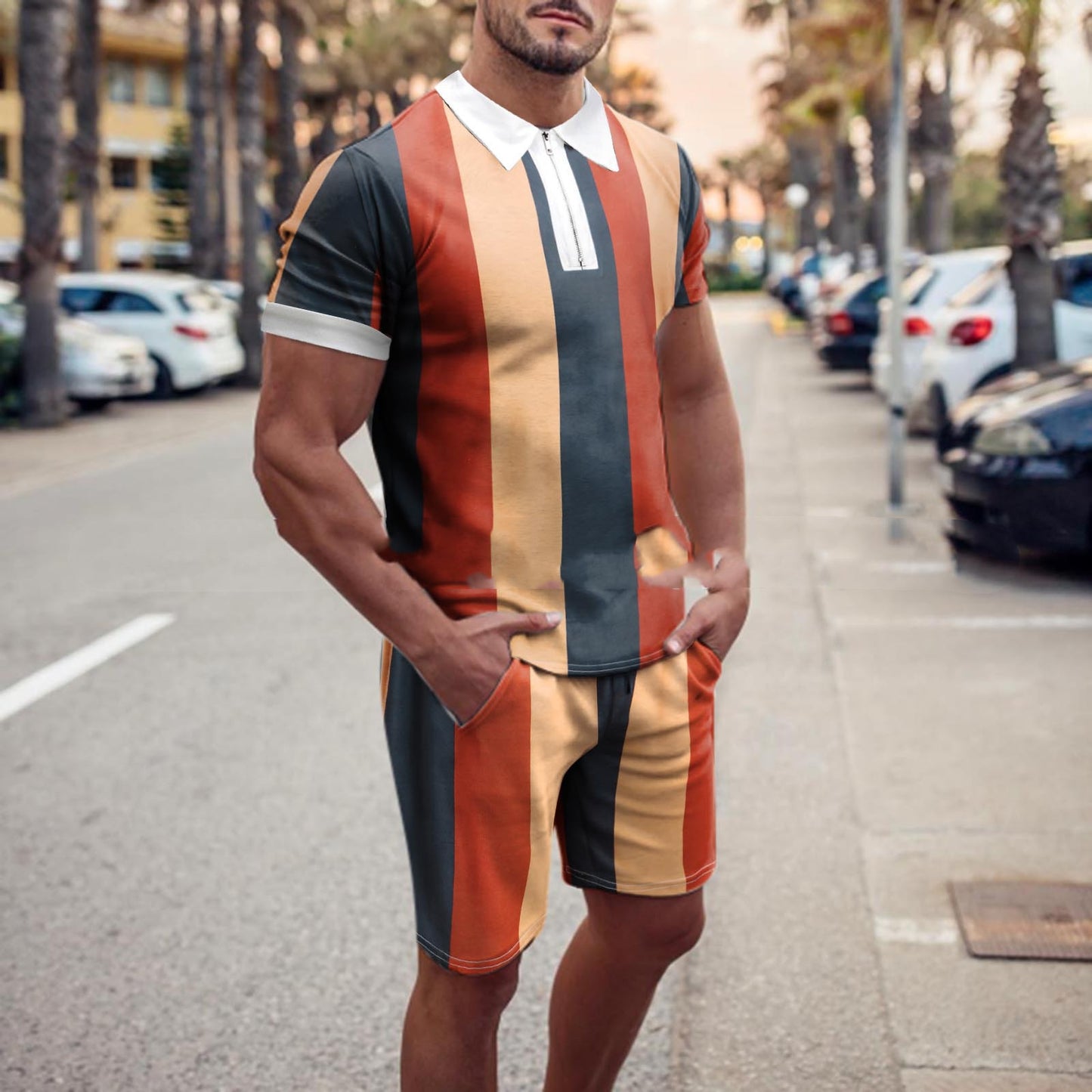 Men's Lapel Zip Decor Casual Print Suit