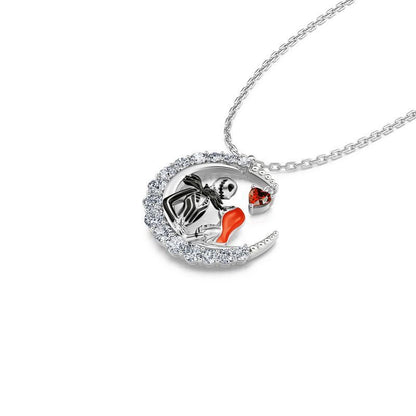 Halloween Couple Moon-shaped Skull Necklace With Rhinestones