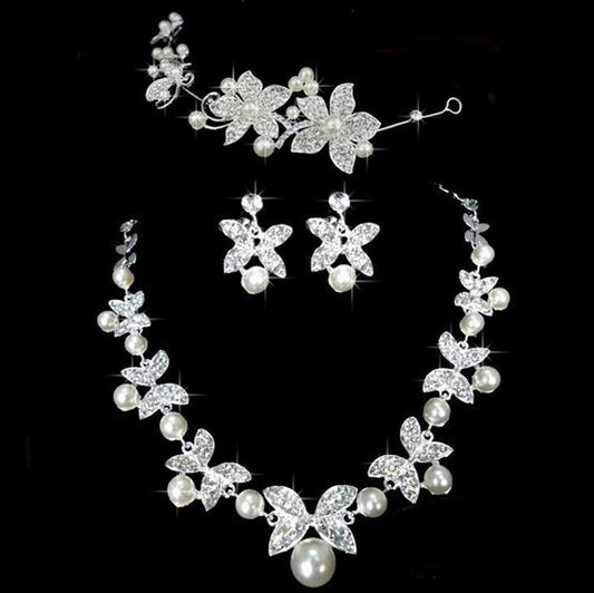 Butterfly Bridal Jewelry Set Chain Pearl Jewelry Three Piece Bridal Soft Chain Headdress Bridal Jewelry Set