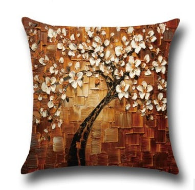 Three-dimensional Oil Painting Trees Flowers Cotton Cushion Pillowcase