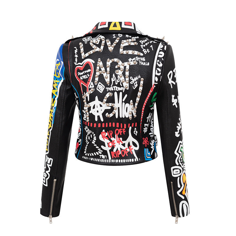 Printed Hit Color Motorcycle Leather Jacket