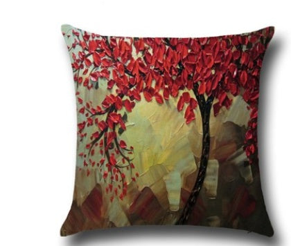 Three-dimensional Oil Painting Trees Flowers Cotton Cushion Pillowcase