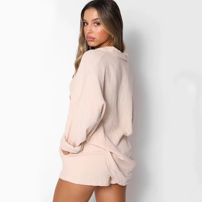 Single-breasted Cardigan Loose Top High Waist Shorts Two-Piece Set