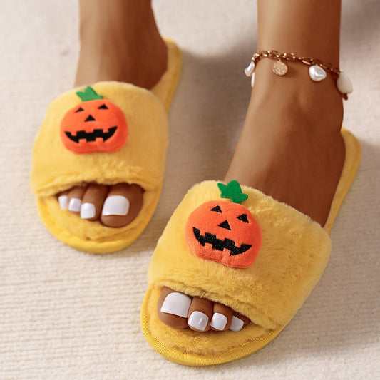 Halloween Cute Pumpkin Plush Slippers For Women