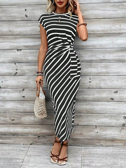 Waist Strap Striped Round Neck Short Sleeve And Long Pattern Dress