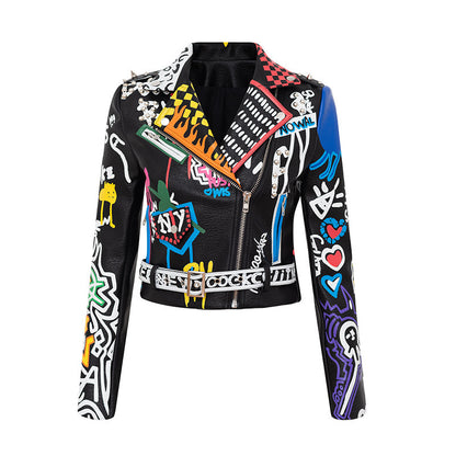 Printed Hit Color Motorcycle Leather Jacket