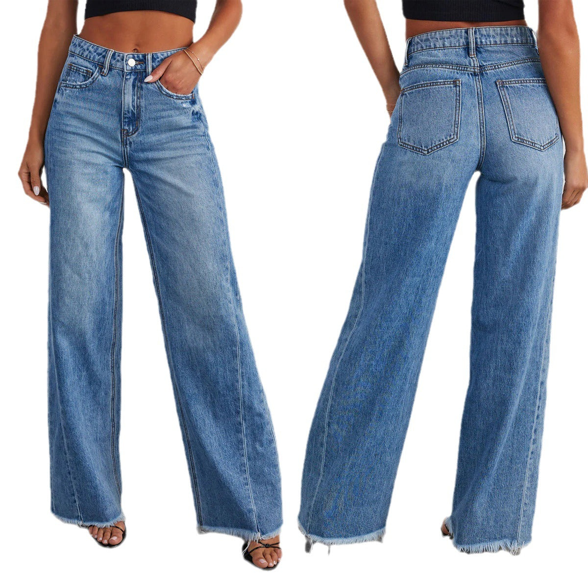 Loose wide leg side seam splicing, brushed hem denim jeans