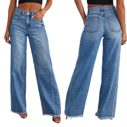 Loose wide leg side seam splicing, brushed hem denim jeans