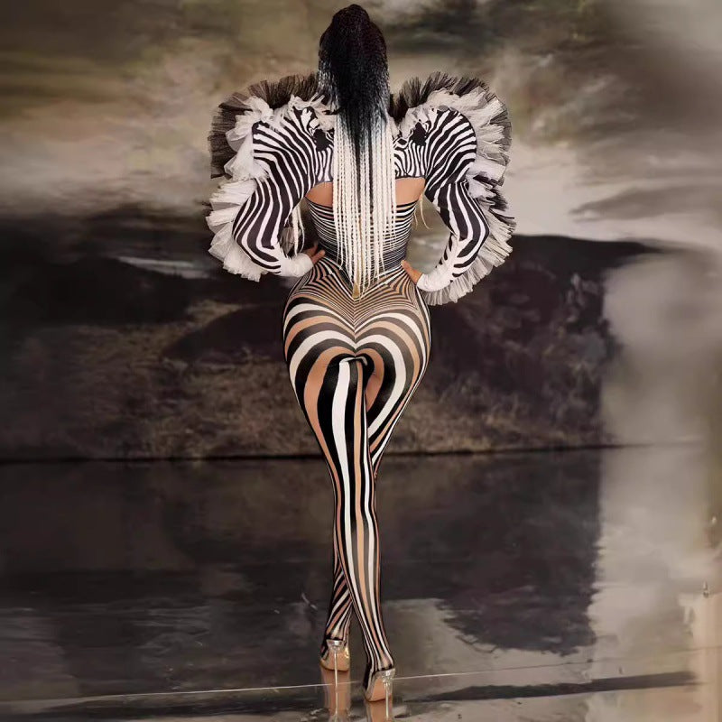 Mesmerize Performance Striped Zebra Head jumpsuit