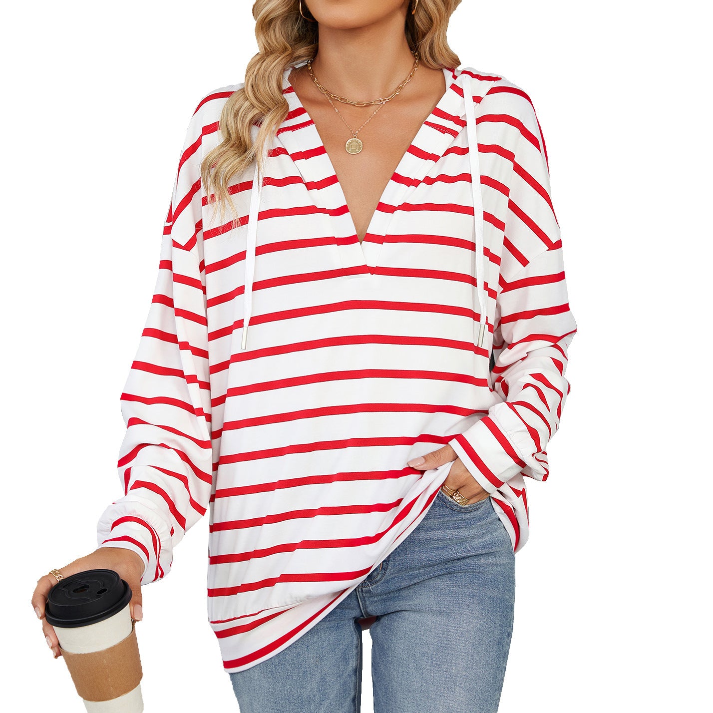 Hoodie With Drawstrings Striped Top