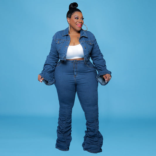 European And American Plus Size Women's Cowboy Two-piece Pleated Pile Pants