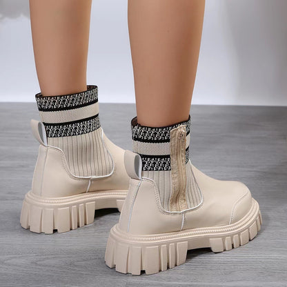 Fashion Mid-tube Boots With Zipper Design Non-slip Thick Sole Elastic Knitted Patchwork Boots