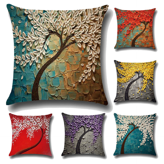 Three-dimensional Oil Painting Trees Flowers Cotton Cushion Pillowcase