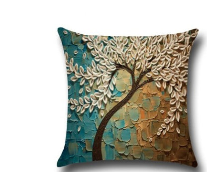 Three-dimensional Oil Painting Trees Flowers Cotton Cushion Pillowcase