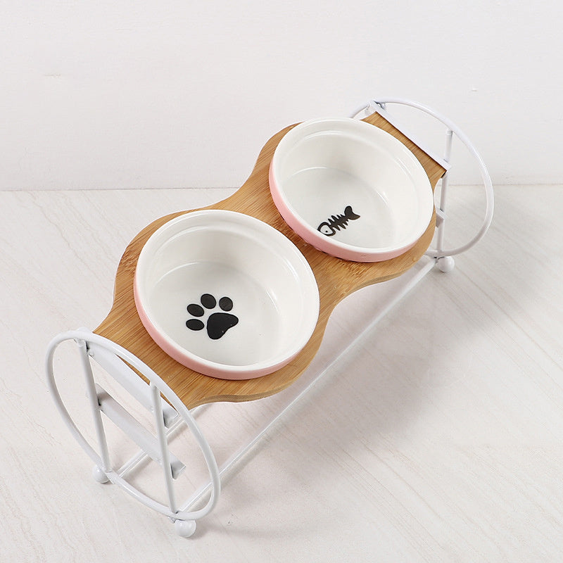 Bamboo And Wood High-foot Double Ceramic Cat Bowl