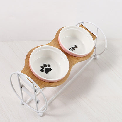 Bamboo And Wood High-foot Double Ceramic Cat Bowl