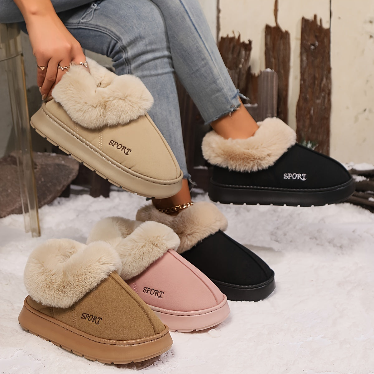 Cozy Plush Soft Slippers Shoes For Women Non-Slip Platform Shoes With Faux Fur Lining Mute Sole