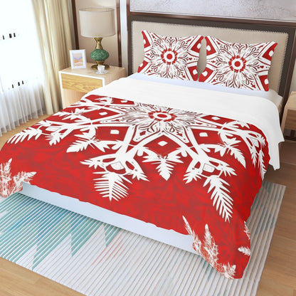 LCM23 Red Snowflake Three Piece Duvet Bedding Set