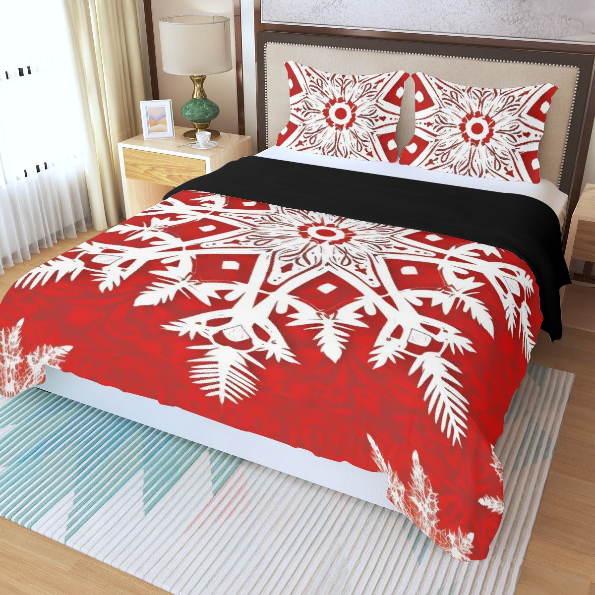 LCM23 Red Snowflake Three Piece Duvet Bedding Set