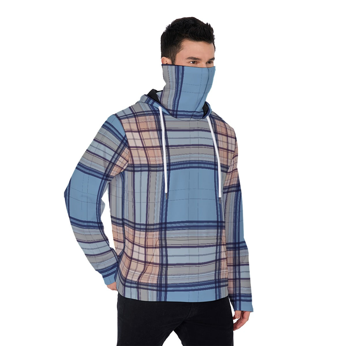 LCM23 Blue Plaid All-Over Print Men's Pullover Hoodie With Mask