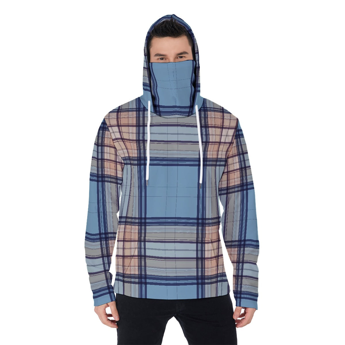 LCM23 Blue Plaid All-Over Print Men's Pullover Hoodie With Mask