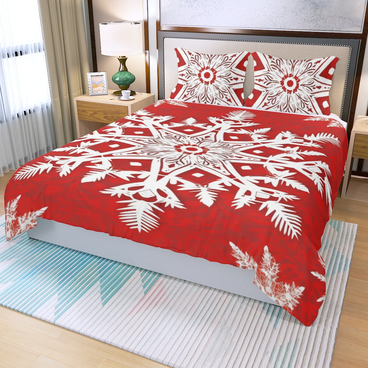 LCM23 Red Snowflake Three Piece Duvet Bedding Set