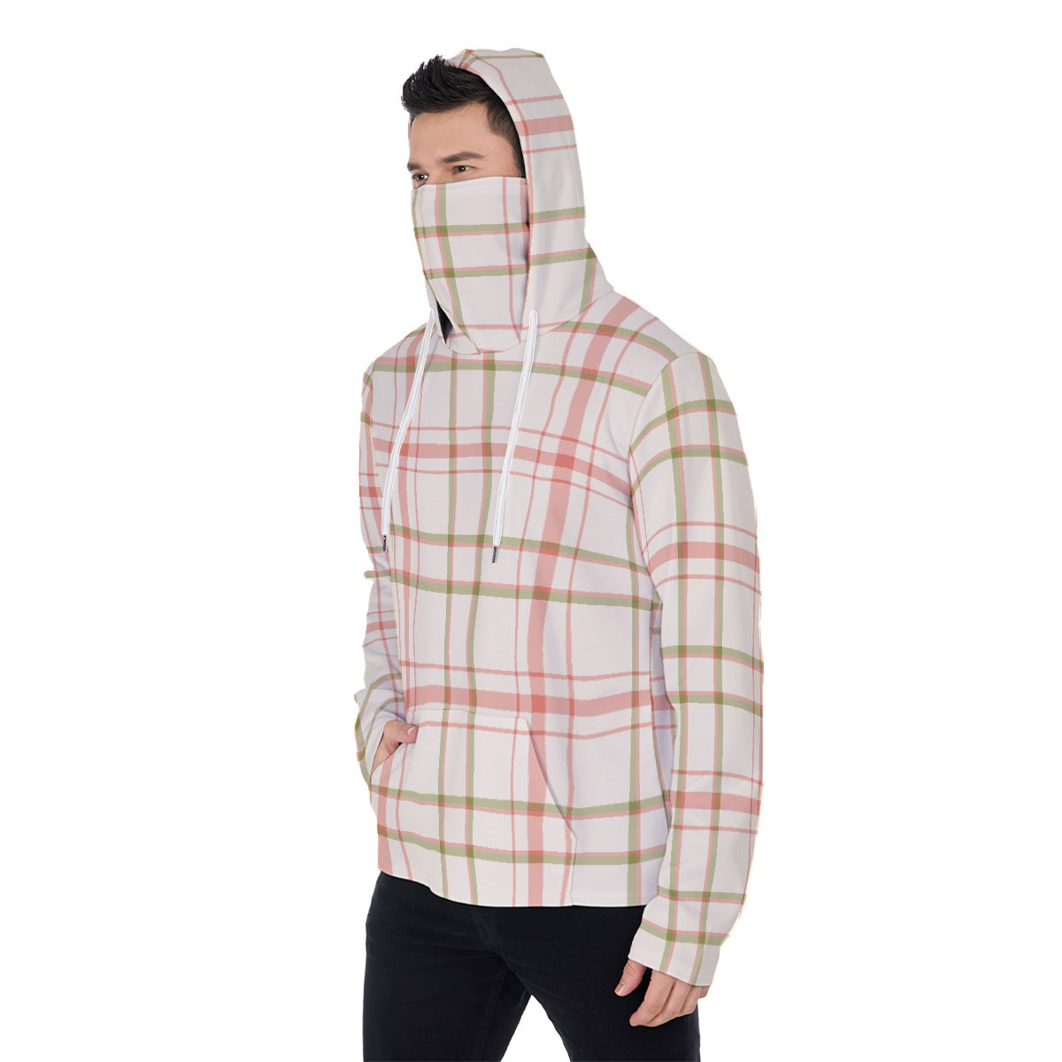 LCM23 Pink Plaid All-Over Print Men's Pullover Hoodie With Mask