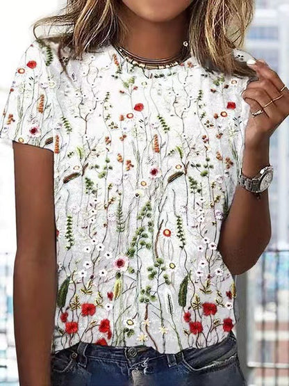 European And American Loose Round Neck Short Sleeve Floral Printed T-shirt